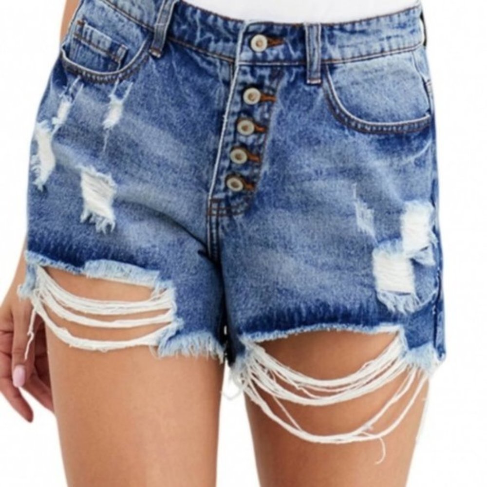 High Rise Distressed Denim Shorts - Picture 2 of 5